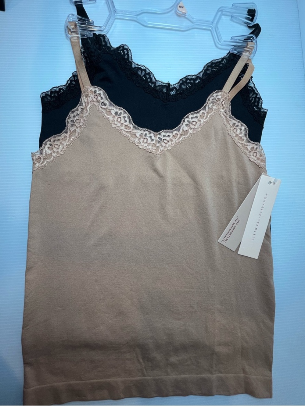 Nouvelle Seamless Fine Stretch Camis 2pc set w/Lace Embellished Neckline